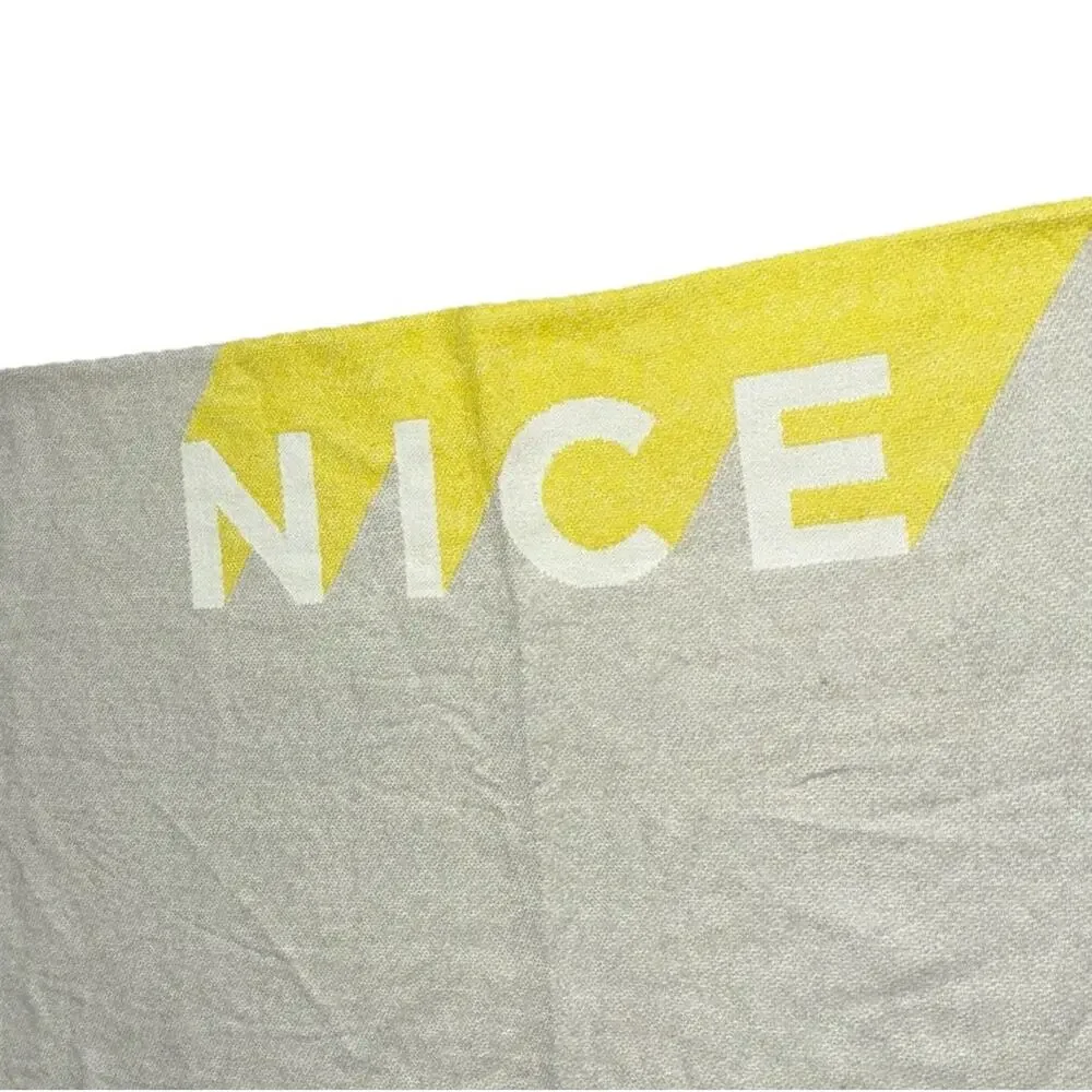 West Elm 'Nice' Throw Blanket Accent Quilt Gray Green-Yellow Fringe Slogan Soft